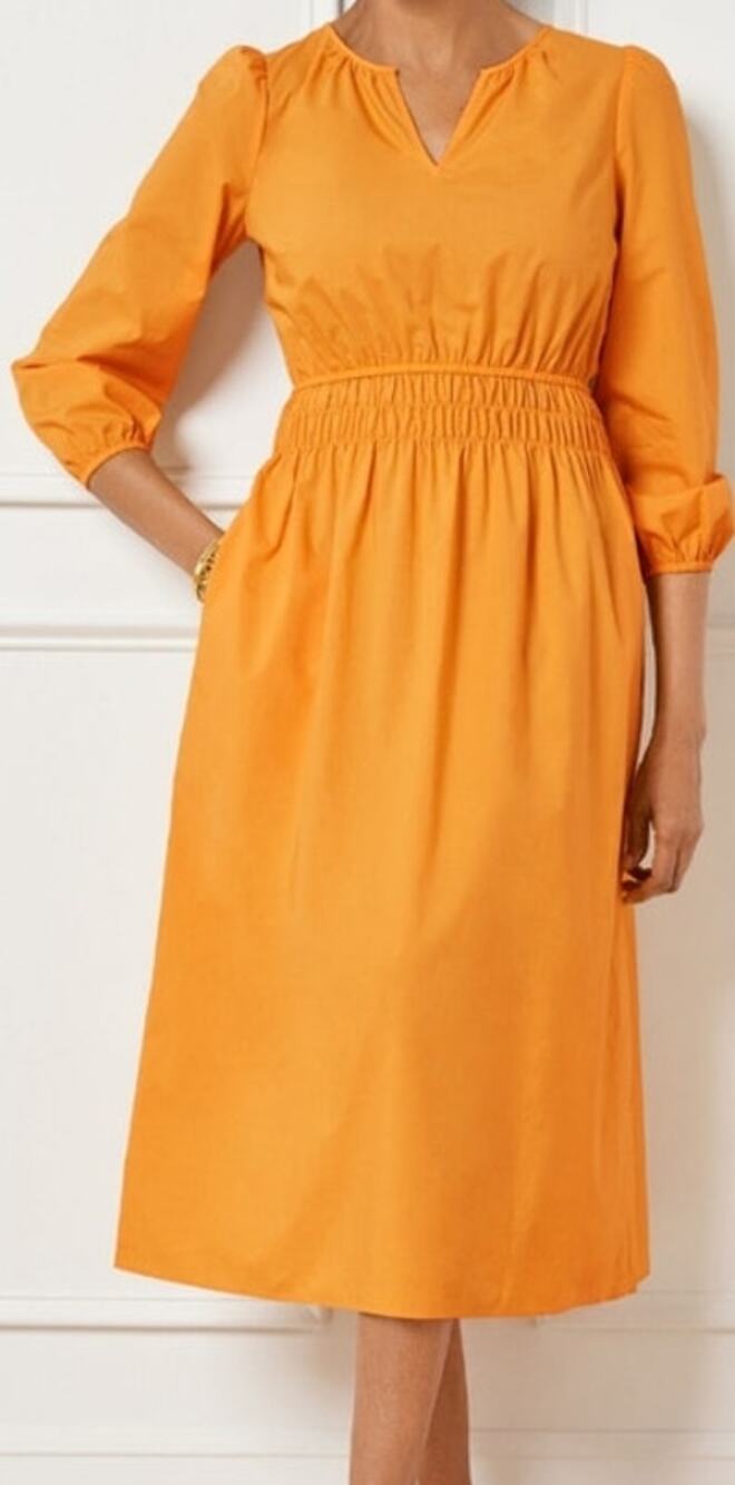 Talbots Smocked Poplin Midi Dress Bright Marigold 100% Cotton Size 10